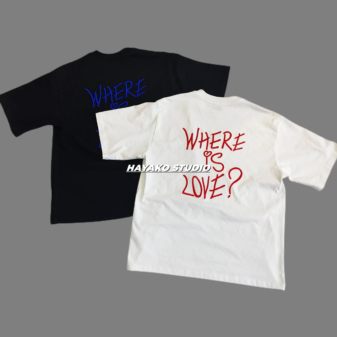 瀛宇/Where is LOVE 立体刺绣T恤短袖纯棉美式上衣男女夏季圆领