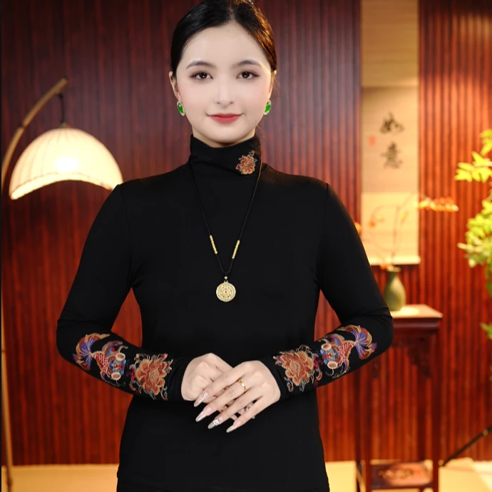 [夜幕]柒夫人高定高领气质优雅百搭新中式刺绣打底衫