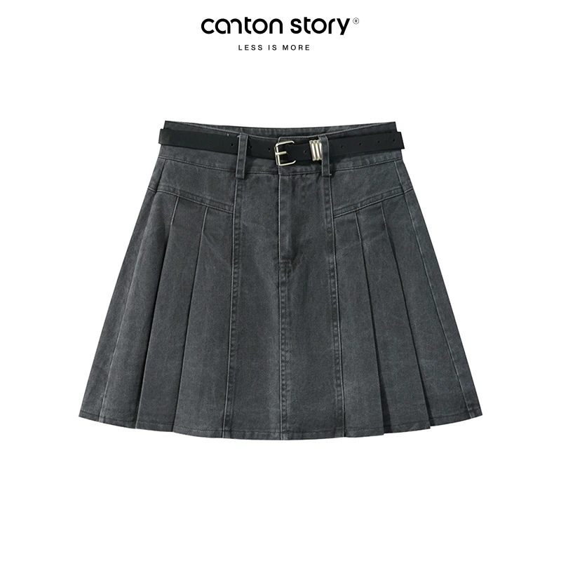 羊城故事 【现现】牛仔裙女显瘦百褶短裙Y24Y07x配皮带半身裙x2403