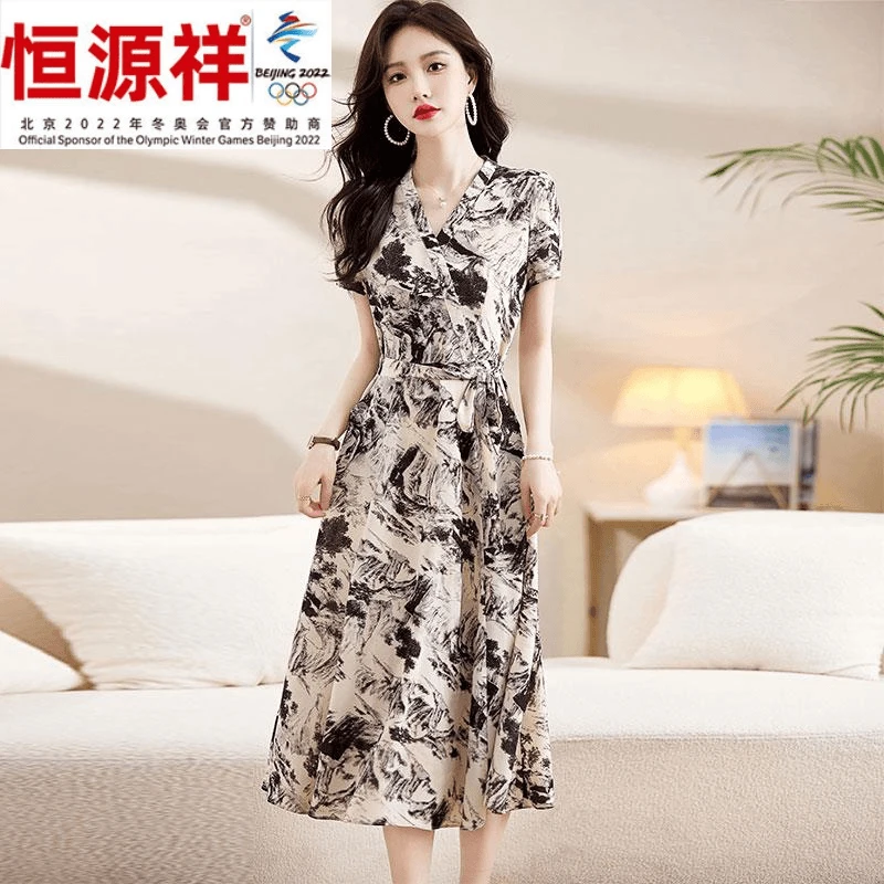 恒源祥彩羊水墨画印花连衣裙女夏季新款高级感气质显瘦复古中年妈