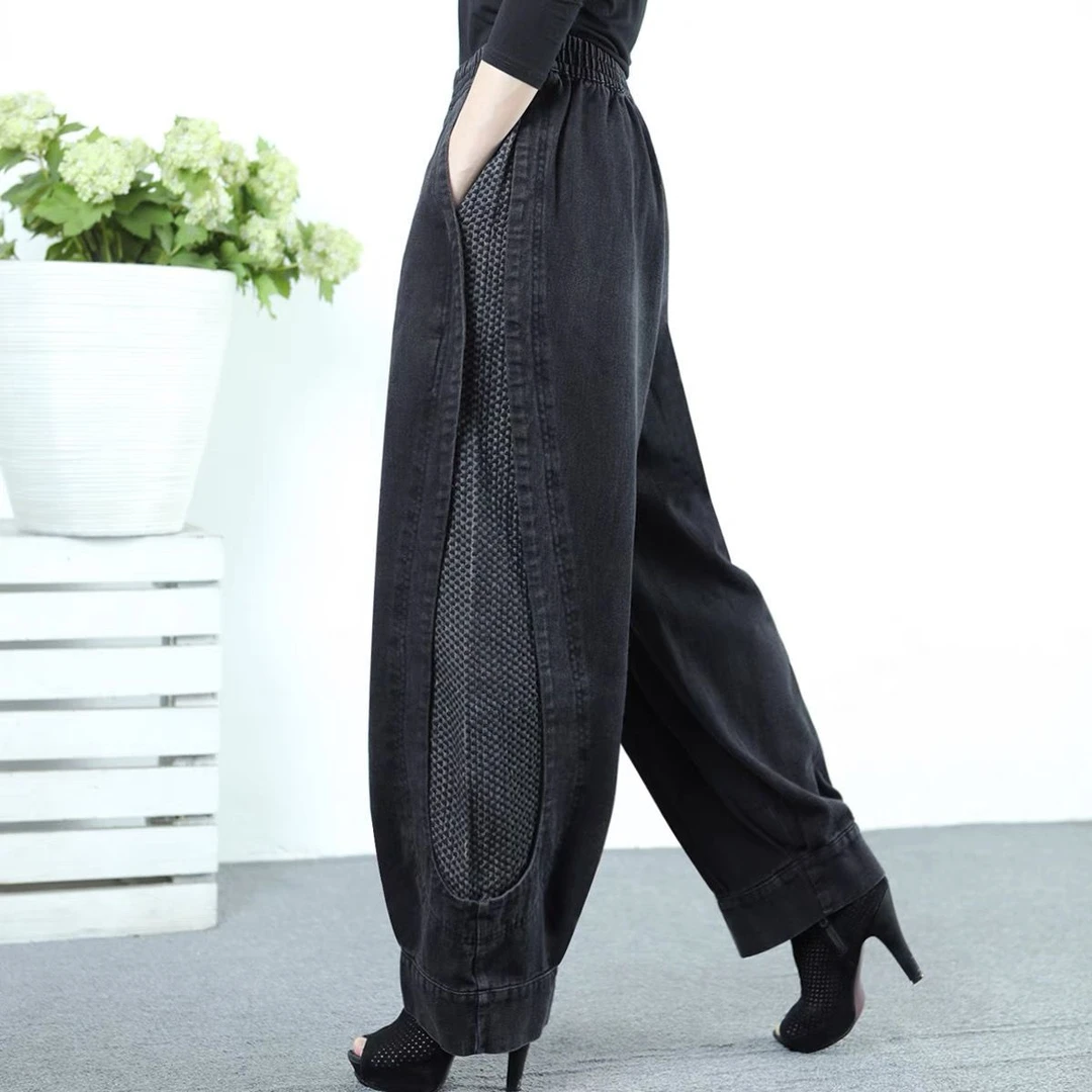 25秋冬加绒松紧高腰牛仔裤阔腿大码休闲裤宽松显瘦灯笼裤时尚百搭