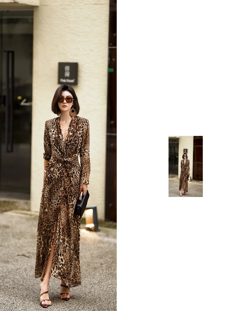 8100原创设计豹纹绑带连衣裙气质时尚显瘦