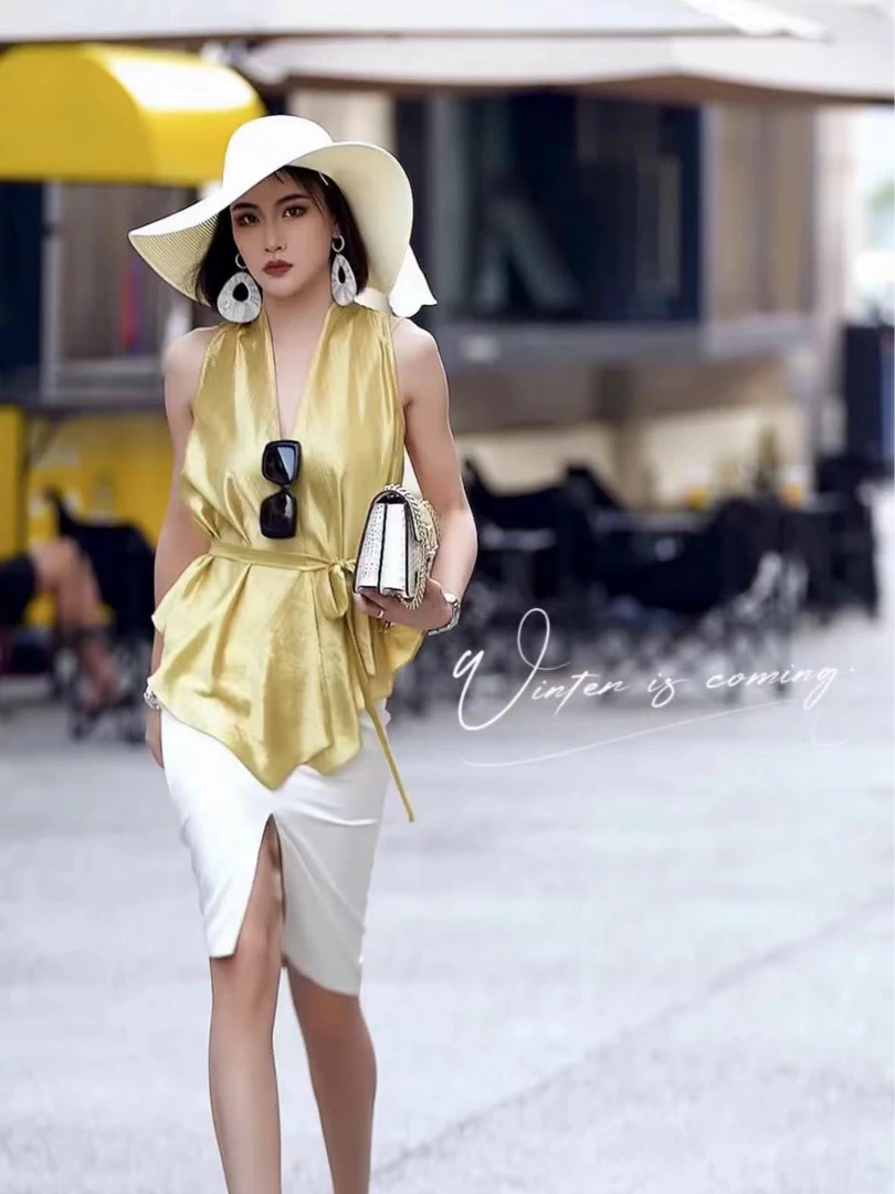 8036设计感马甲V领坎肩绑带上衣气质时尚百搭