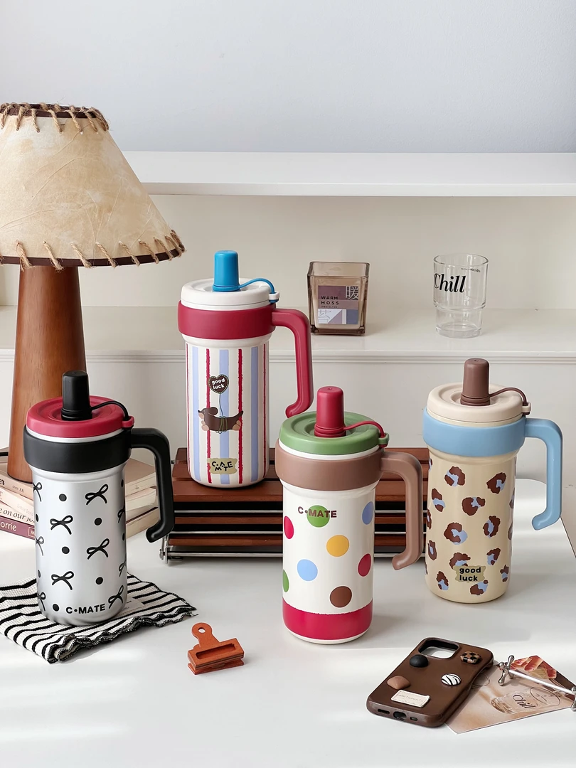 大容量豹纹保温杯2024新款吸管女生高颜值冰霸杯巨无霸水杯随身杯