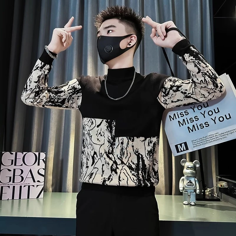 高级感撞色针织衫男冬季潮牌痞帅加厚毛衣2024新款男士百搭打底衫