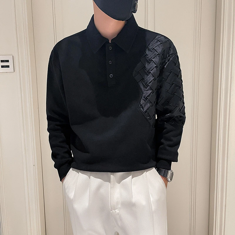 春秋季半拉链设计POLO衫男士卫衣长袖拼接潮牌2025新款编织打底衫