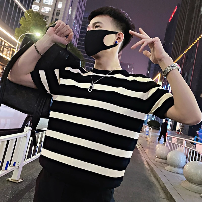 夏季针织T恤男ins潮牌撞色半袖男装2025新款潮流衣服夏装条纹短袖
