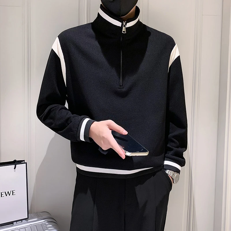 圆领t恤男长袖春秋款休闲拼色上衣套衫男POLO衫拼接卫衣潮流痞帅