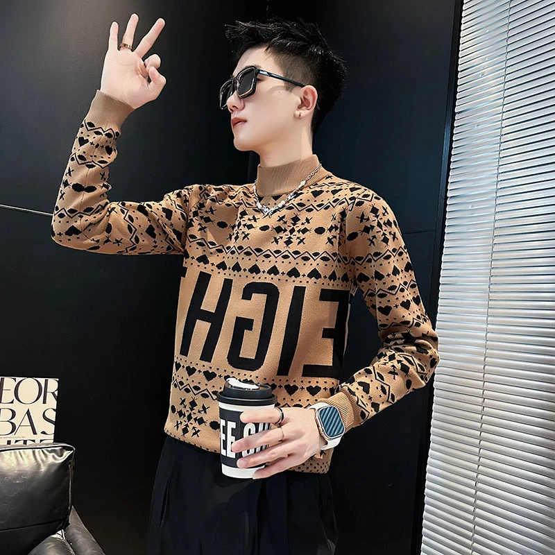 半高领毛衣男字母印花韩版潮流宽松长袖针织打底衫秋冬内搭上衣男