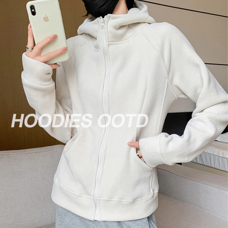 醉梓菡外套女外穿2024新款正肩秋冬连帽加绒开衫卫衣修身瑜伽上衣