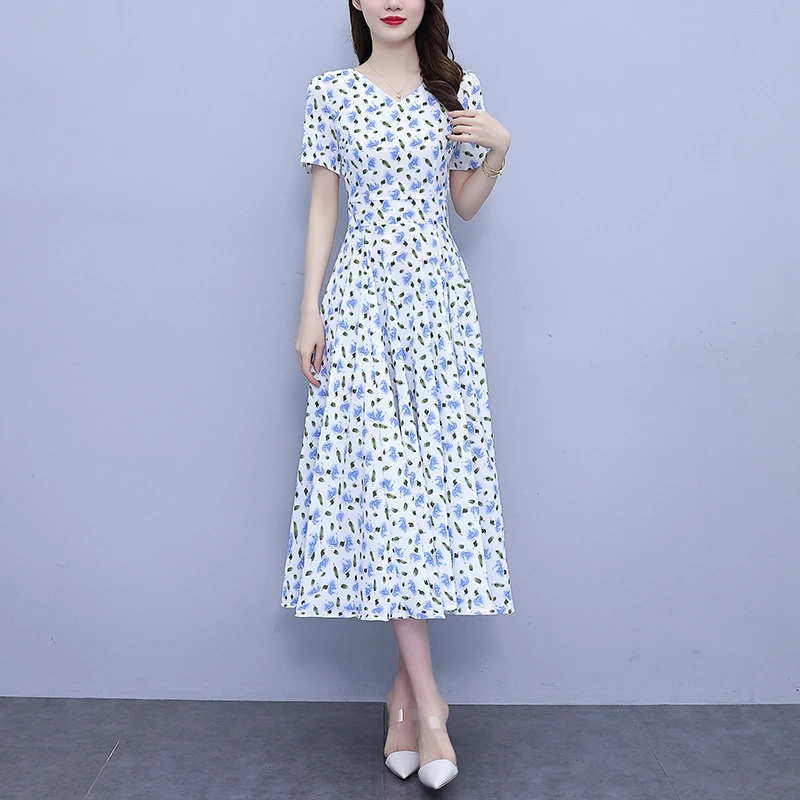 2024夏季新款时尚碎花雪纺连衣裙大码长款收腰显瘦洋气质大摆长裙