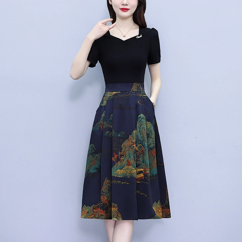 有兜拼接假两件印花真丝连衣裙新款夏季大码显瘦中长款洋气质裙子