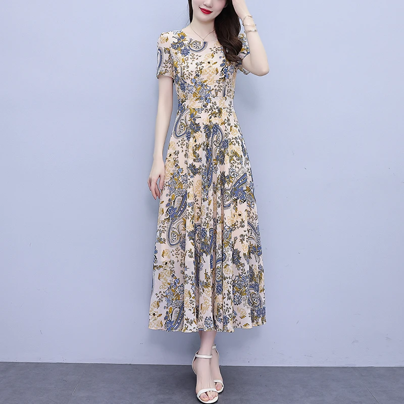 贵夫人高档碎花真丝连衣裙女新款夏季短袖长款收腰妈妈气质长裙子