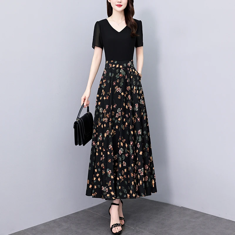 高档碎花真丝连衣裙女款爆款2025新款夏季长款显瘦拼接洋气长裙子