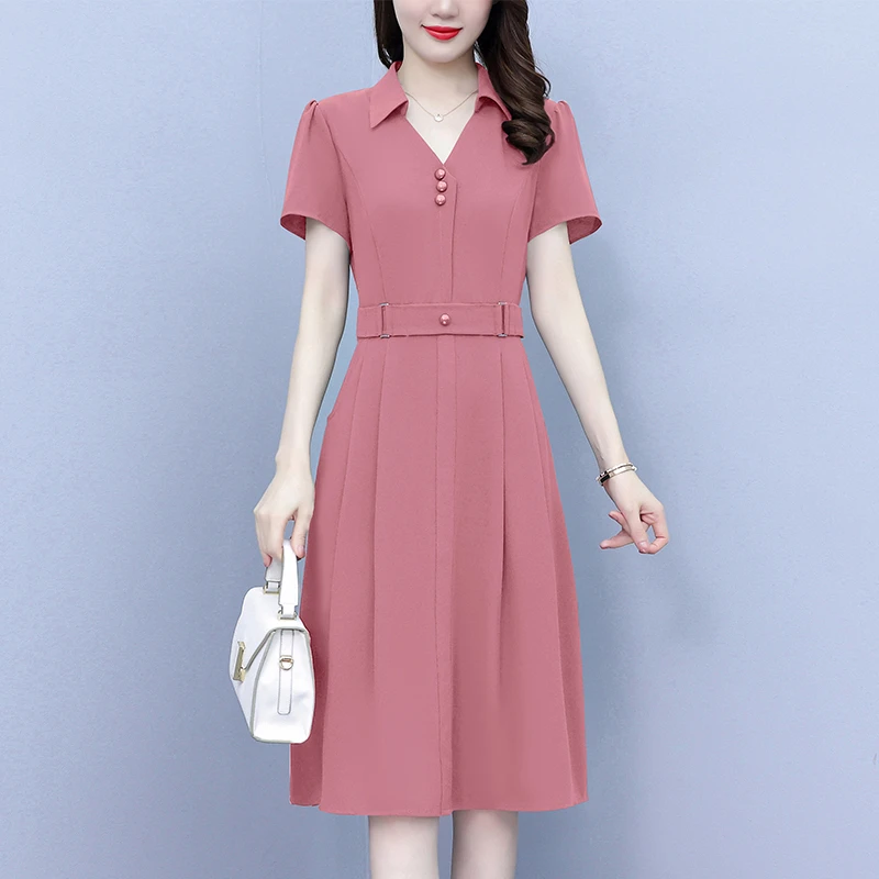有口袋纯色夏装冰丝短袖连衣裙2025新款夏季中长款修身显瘦裙子夏