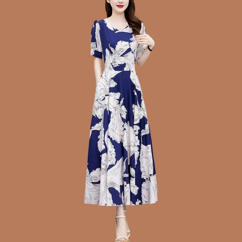 有口袋藏蓝色印花真丝连衣裙女夏季新款长款修身显瘦裙子大摆长裙