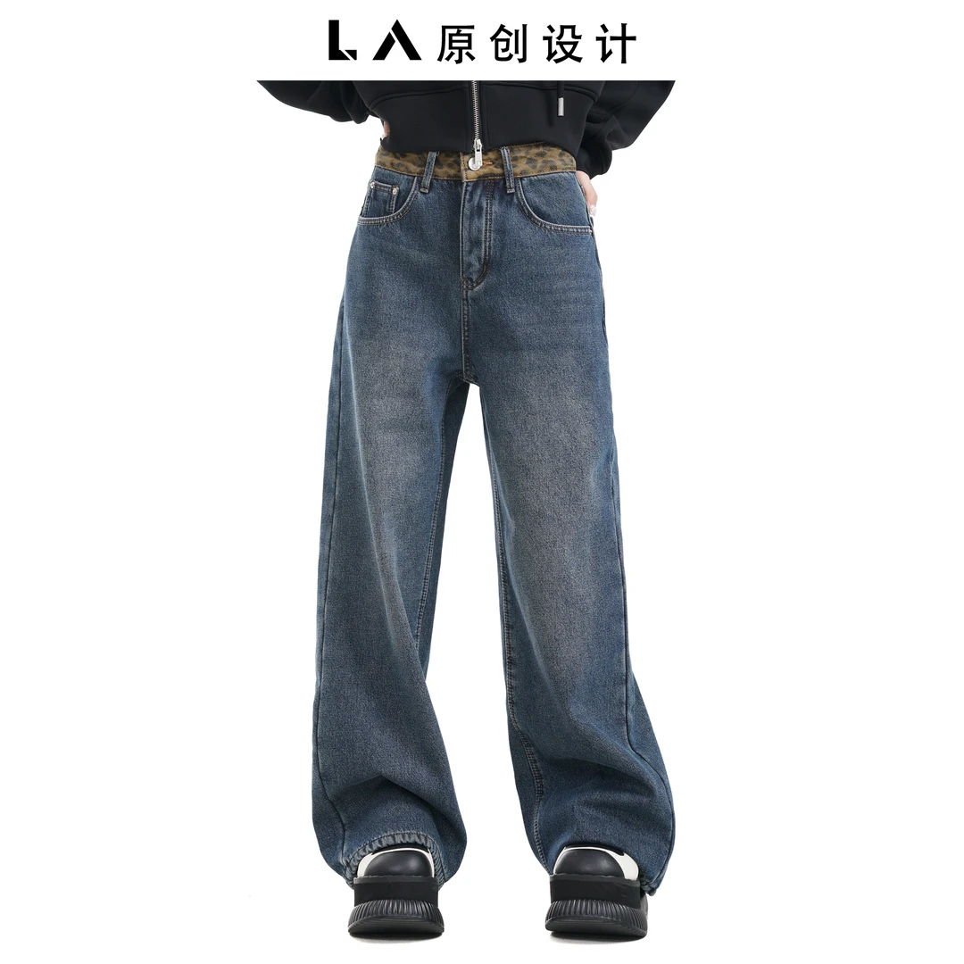 LA原创[新款豹纹腰头]冬季加绒美式水洗牛仔裤
