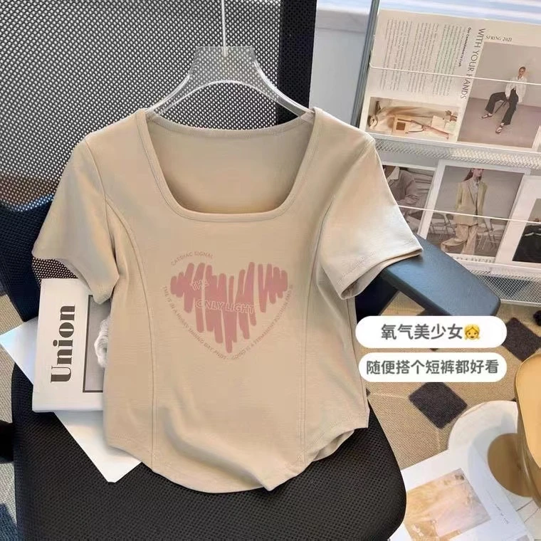 夏季新款纯棉不规则下摆方领短袖t恤女小众设计感鱼骨体恤上衣ins