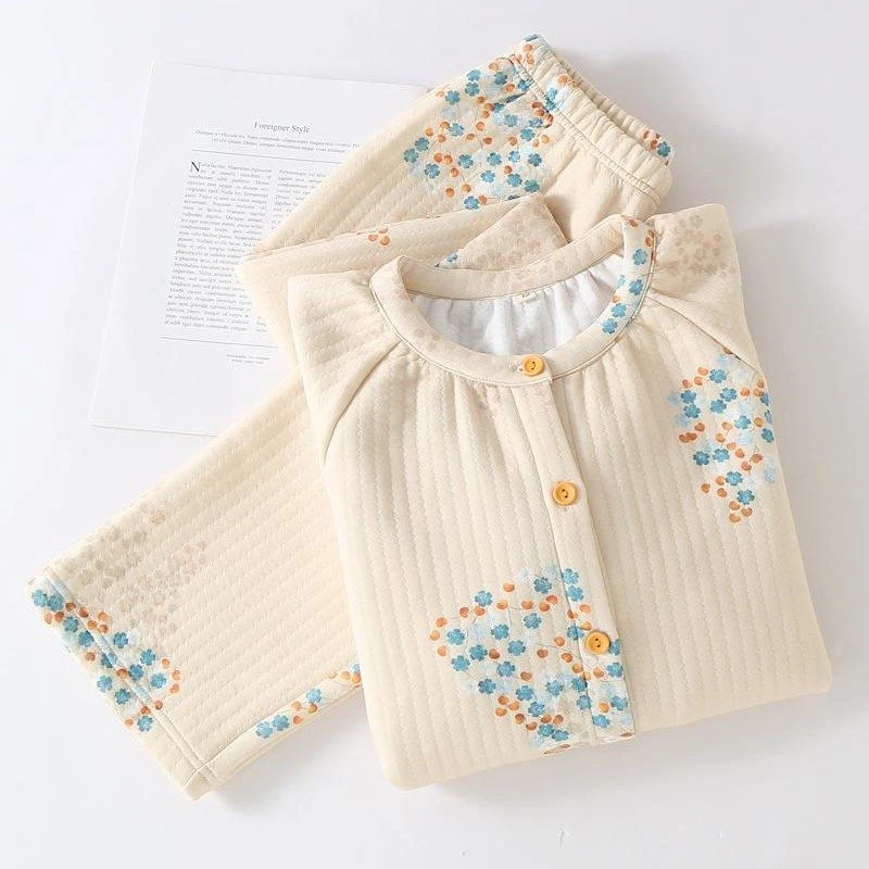 田园风纯棉空气夹棉春秋冬季三层加厚睡衣女全棉可外穿家居服套装