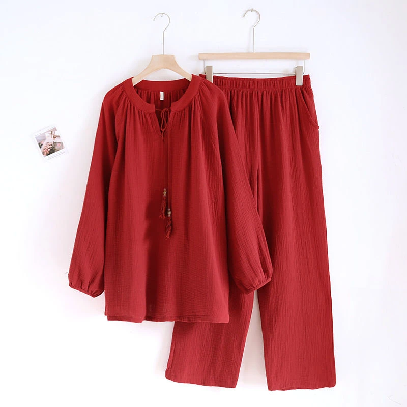 【发财红】新年睡衣女士春秋季纯棉纱布红色龙年本命年家居服套装