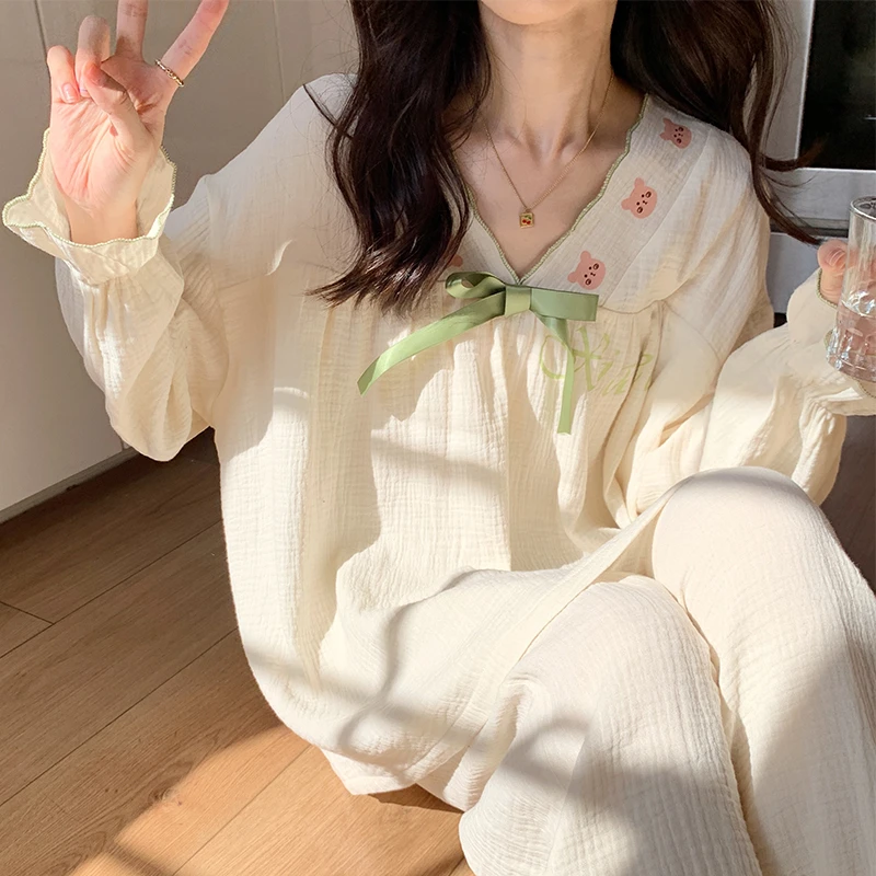 纯棉纱布睡衣女春秋季月子服日系甜美公主风长袖薄款家居服套装夏