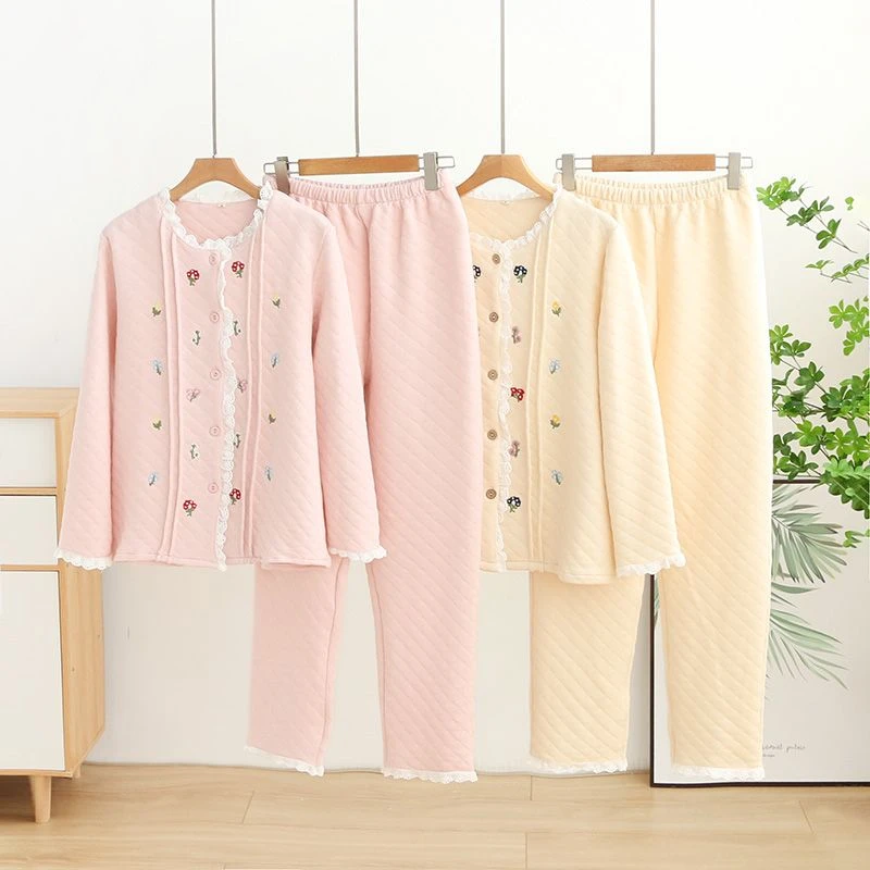 蕾丝花边睡衣女秋冬季保暖纯棉空气棉春秋加厚三层夹棉家居服套装