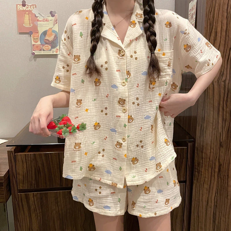可爱小熊全棉纱布睡衣女生夏季新款2023年棉麻两件套装薄款家居服