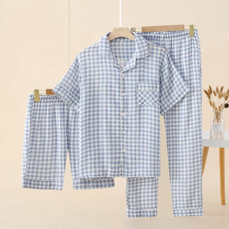 三件套睡衣男款春秋夏季薄款短袖长裤短裤睡裤开衫日系格子家居服
