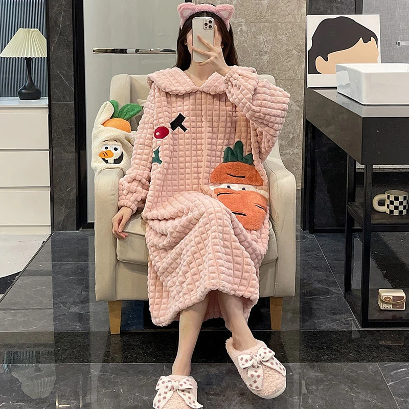 公主风睡裙女款可爱胡萝卜睡衣可外穿秋冬季珊瑚绒加厚学生连衣裙