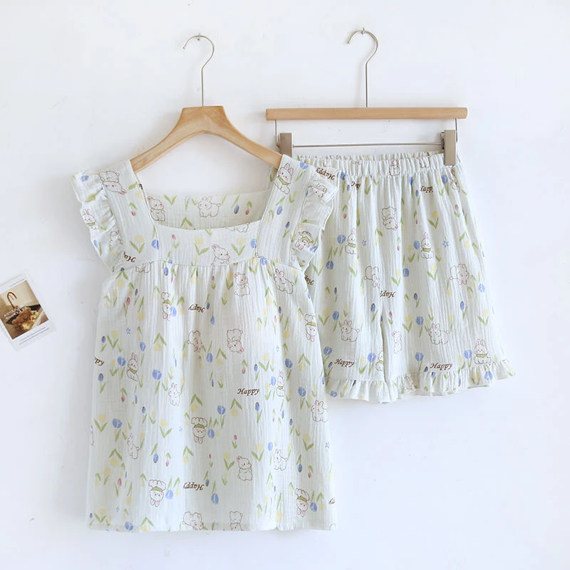 『带胸垫』纯棉睡衣女夏款短袖泡泡纱可爱卡通新款家居服套装薄款