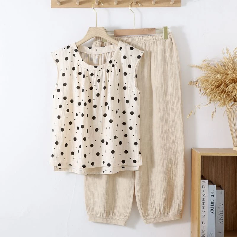 甜美风双层纯棉纱布睡衣女士全棉夏季薄款无袖背心长裤家居服套装