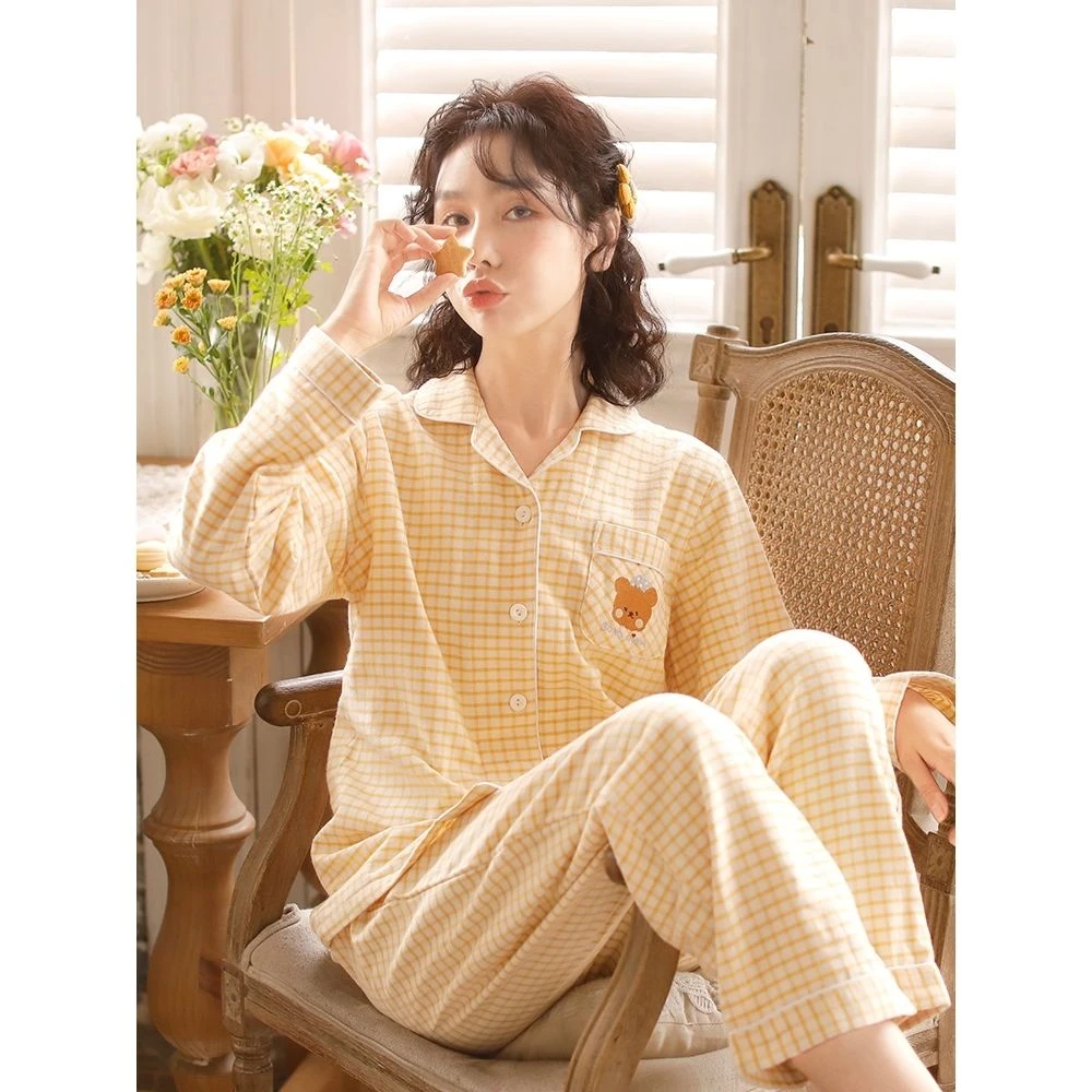 2022新款情侣睡衣女春秋长袖长裤磨毛睡衣日系简约格子刺绣家居服