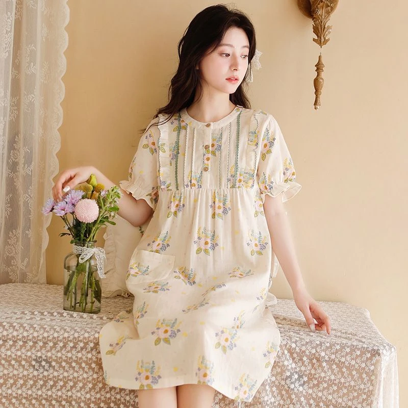 睡裙夏季女新款清新纯棉纱布可外穿睡衣甜美可爱短袖夏天家居服