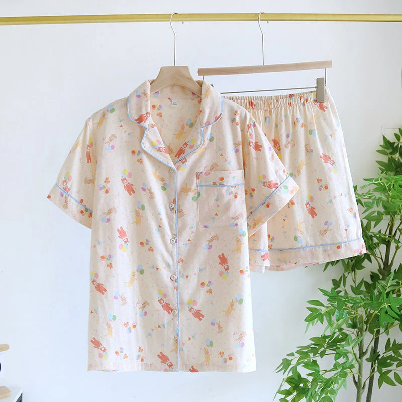 纯棉纱布睡衣女夏季短袖短裤套装2024新款卡通开衫加肥大码家居服