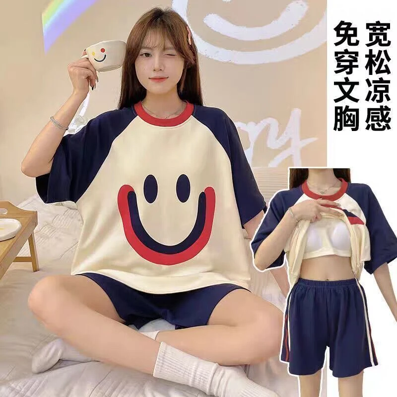 夏季可外穿新款可爱睡衣女士短袖套装带胸垫春秋薄款一体式家居服
