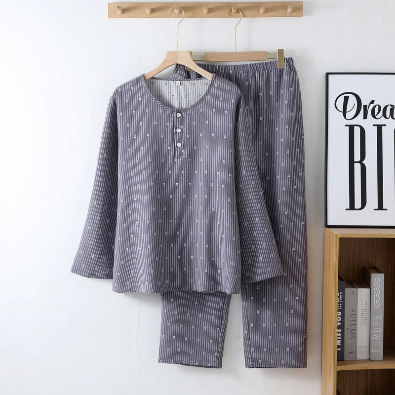 无印风简约双层纯棉纱布男士睡衣春秋季薄款夏天可外穿家居服套装