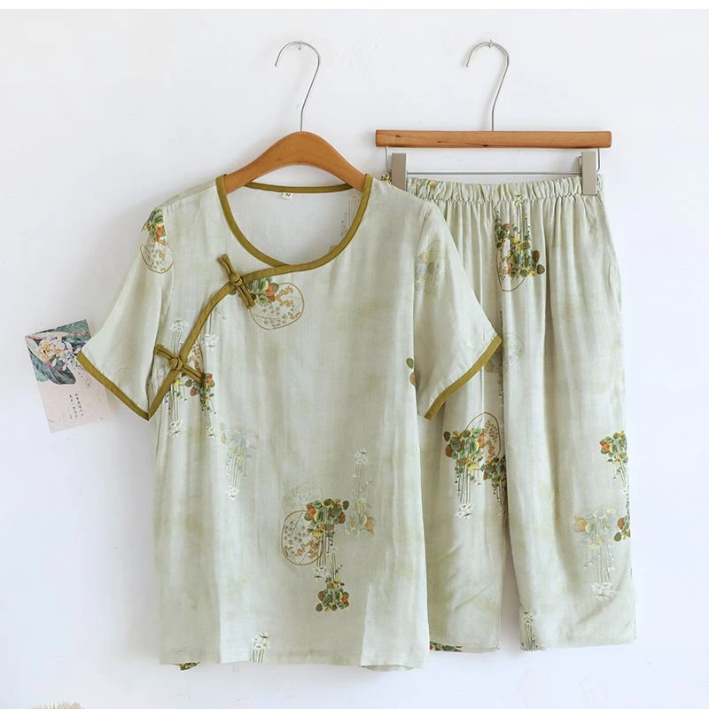 国风新中式睡衣女士夏季竹纤维薄款短袖七分裤夏天国风家居服套装