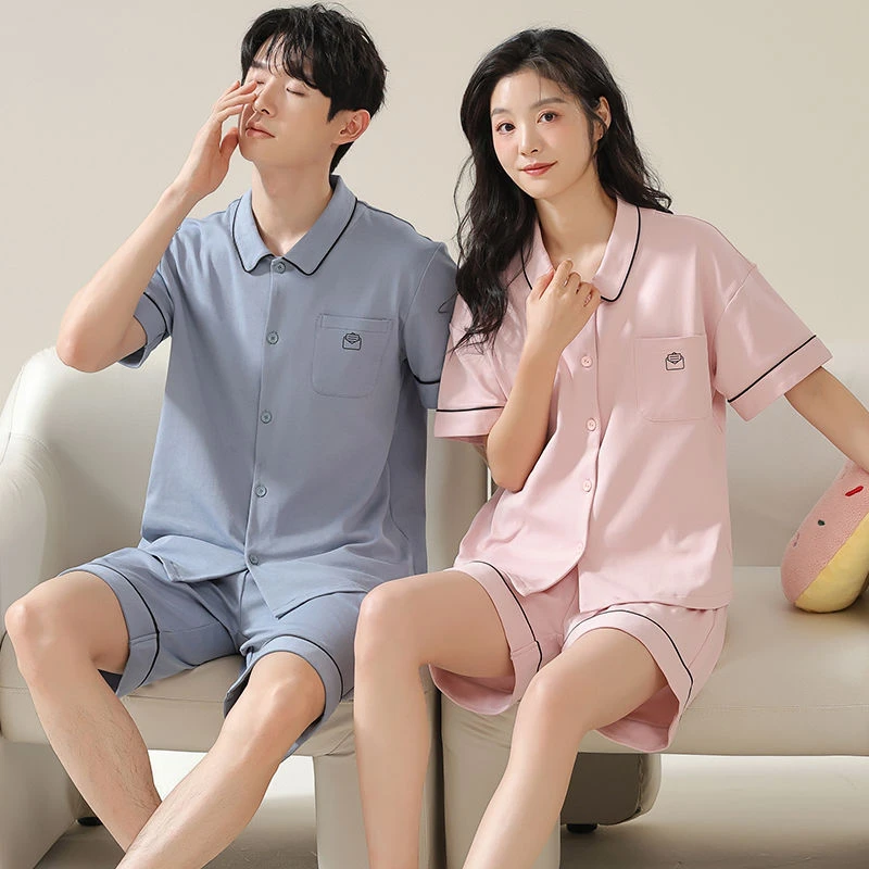 2024款情侣纯棉睡衣夏季女士男款短袖短裤薄款全棉宽松家居服套装
