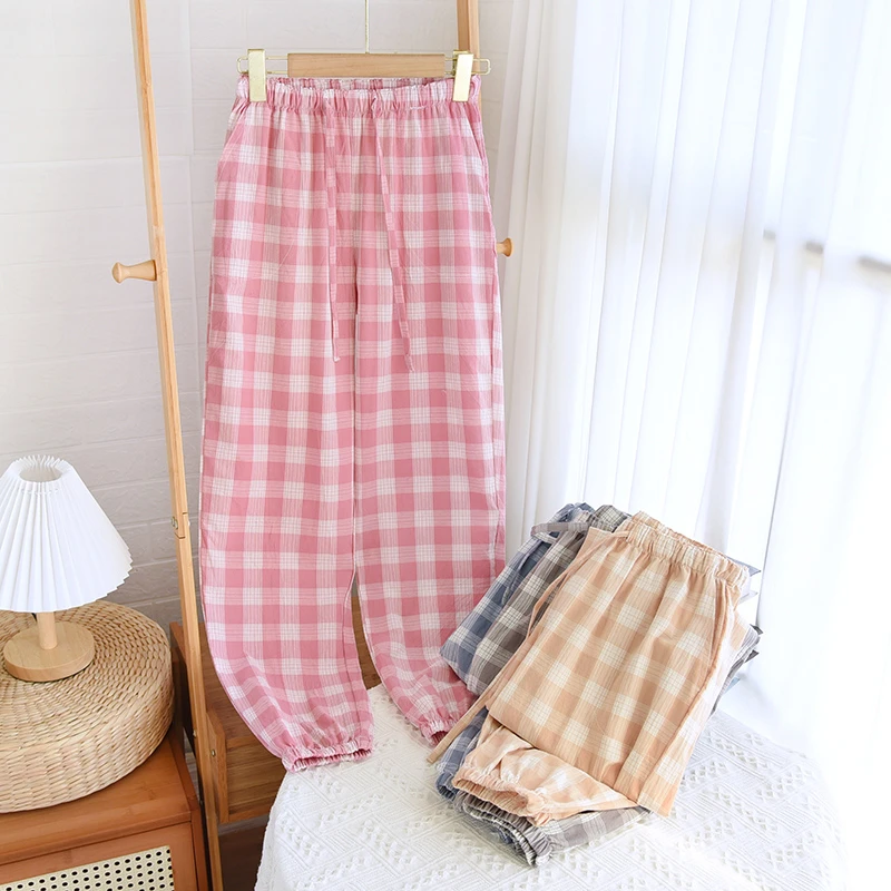 水洗纯棉睡裤男女情侣长裤宽松格子家居裤夏季薄款舒适透气居家