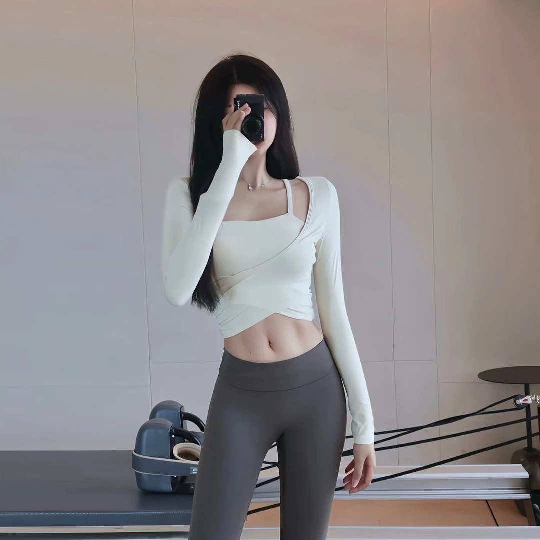 [人手一件！假两件显瘦腰精短袖长袖固定胸垫]运动健身普拉提上衣