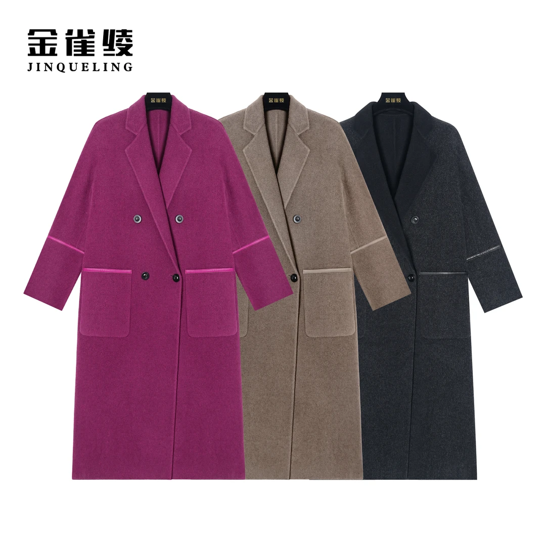 金雀绫【法兰西】秋冬新款时尚休闲95绵羊毛毛呢长款外套KMM65