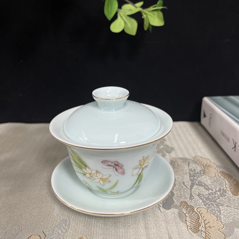 新品高档羊脂玉瓷影青描金线兰花盖碗公道杯过滤陶瓷功夫茶具
