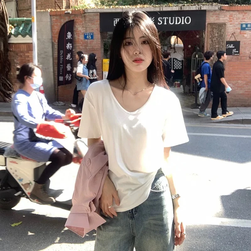 短袖女纯色v领正肩宽松百搭显瘦2025新款慵懒松弛感休闲T恤上衣