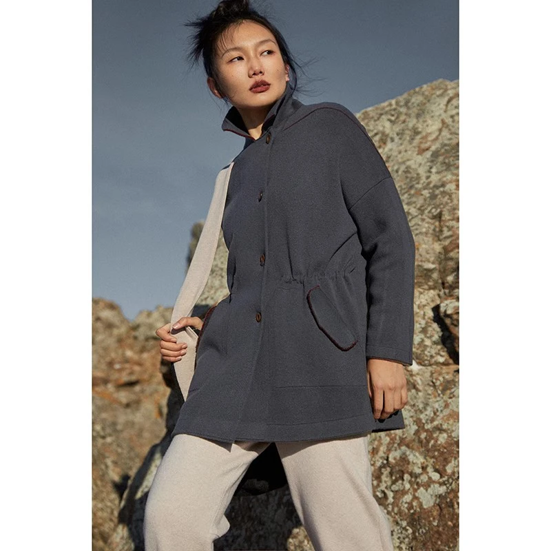 Say Ya【幻】岩云逐 双色翻领山羊绒廓形中长外套 抽绳腰带/落肩