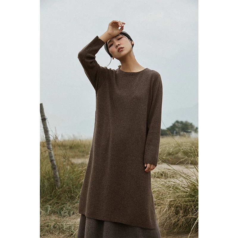 随意口袋毛衣 一字领中长插兜羊绒连衣裙长袖宽松连衣裙针织时尚