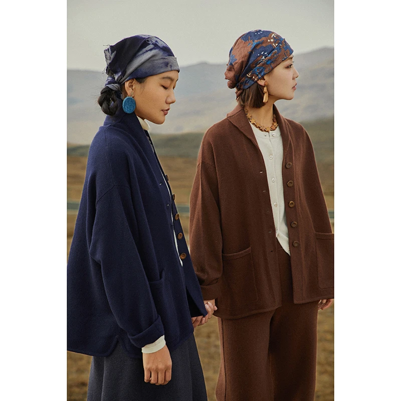 Say Ya【幻】小桂花针翻领系扣短款羊绒外套 落肩/显瘦休闲针织春秋