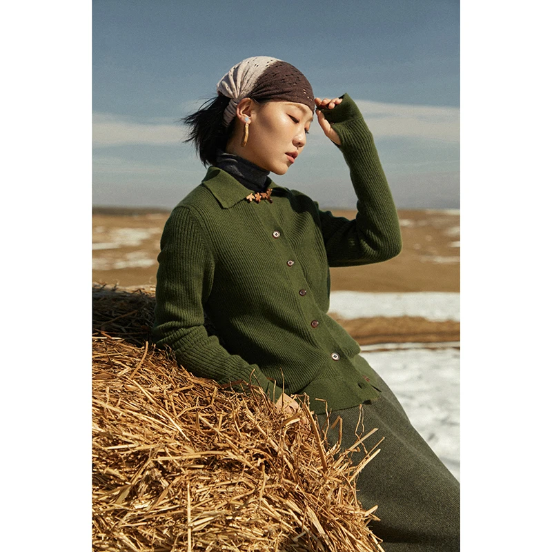 Say Ya【然】藏娇 定纺羊绒白厂丝翻领开衫 系扣针织上衣