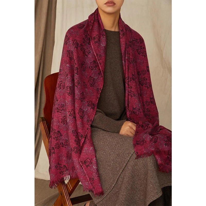 Say Ya【幻】四色印花玫瑰纯羊绒围巾 披肩 优雅双面时尚百搭女士