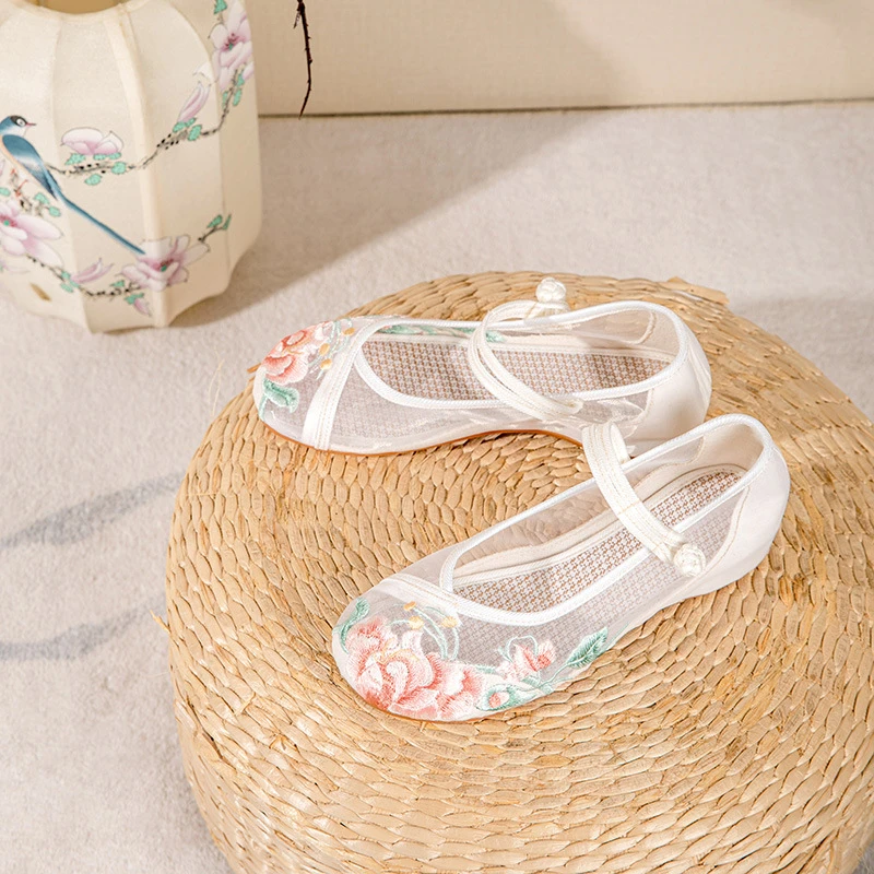 汉服绣花鞋2024夏季清凉透气网纱包跟平跟内增高国风绣花女网纱鞋