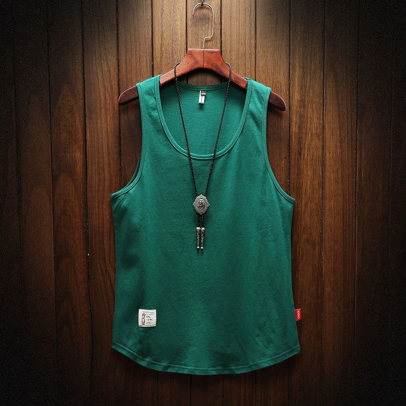 工字背心男士潮牌宽松纯色运动篮球健身打底坎肩薄款绿色无袖T恤